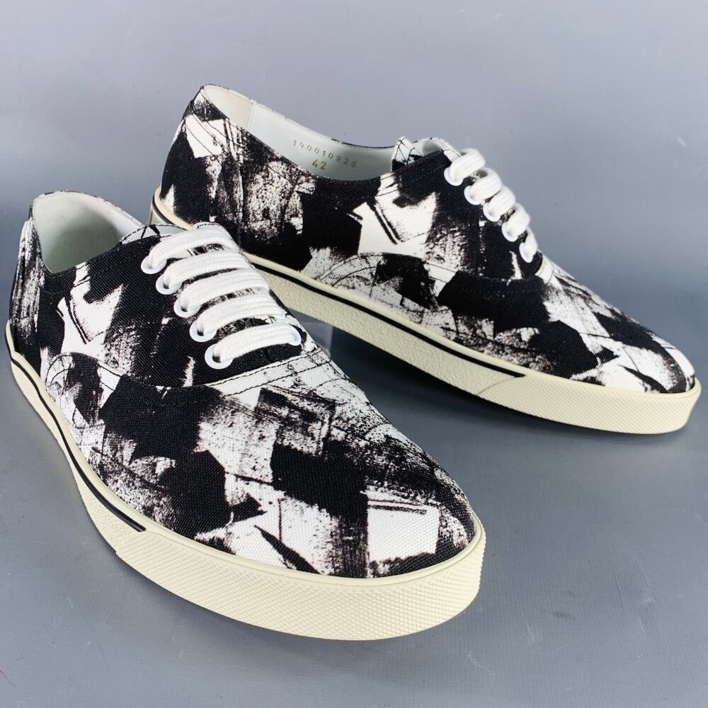 CELINE Fall 2019 Size 9 Black White Marbled Canvas Lace-Up Sneakers
